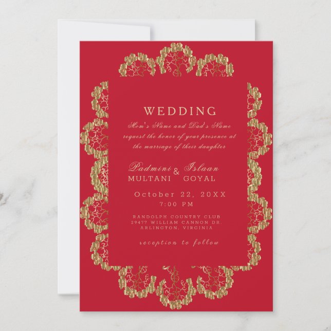 Red & Gold Indian Style Monogram Wedding  Invitation (Front)