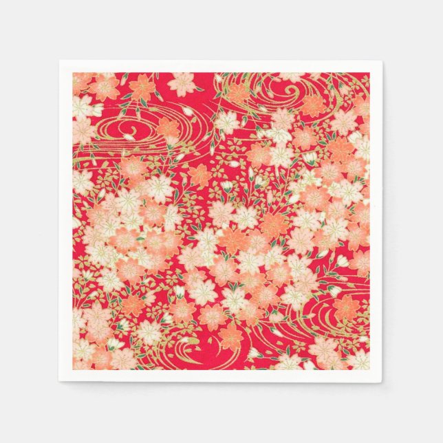 Red Gold Japanese Kimono Floral Decoupage Paper Napkin (Front)