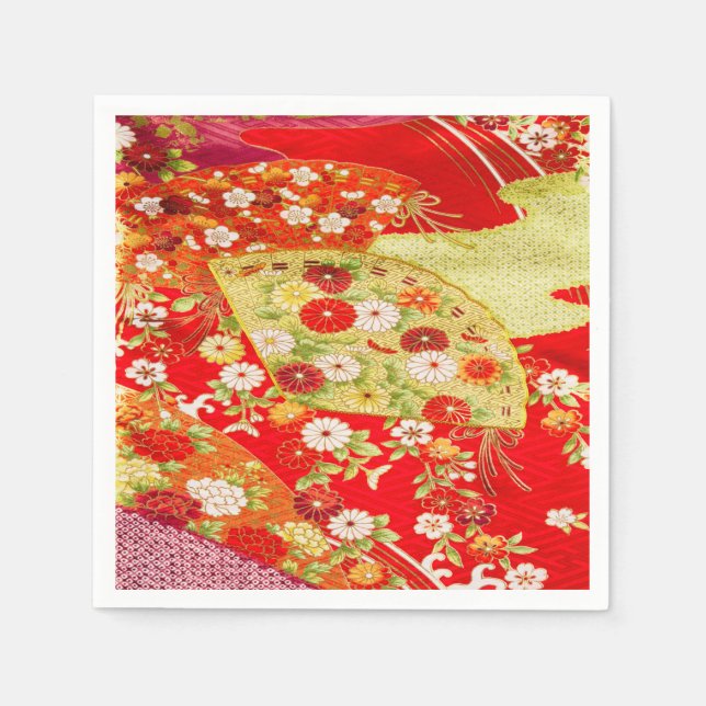 Red Gold Japanese Kimono Floral Decoupage Paper Napkin (Front)