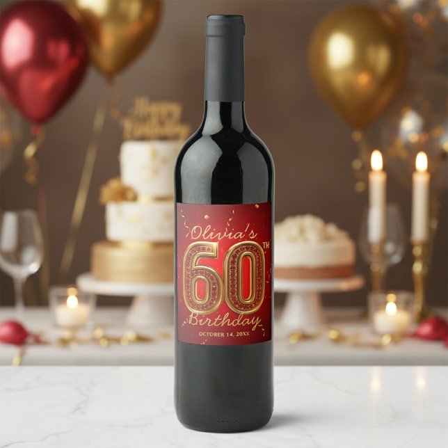  Red Gold Jewels Elegant Milestone 60th Birthday Wine Label (Creator Uploaded)