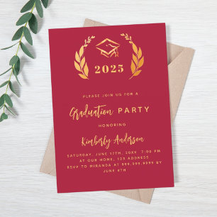 Red gold laurel wreath 2026 Graduation Party Invitation