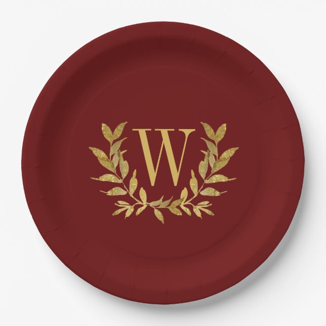 Red Gold Leaf Monogram Elegant Chic Wedding Paper Plate (Front)