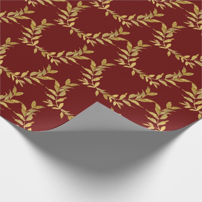 Red Gold Leaf Monogram Elegant Chic Wedding Wrapping Paper (Corner)