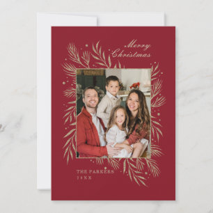 Red Gold Leaves Family Photo Frame Christmas Card