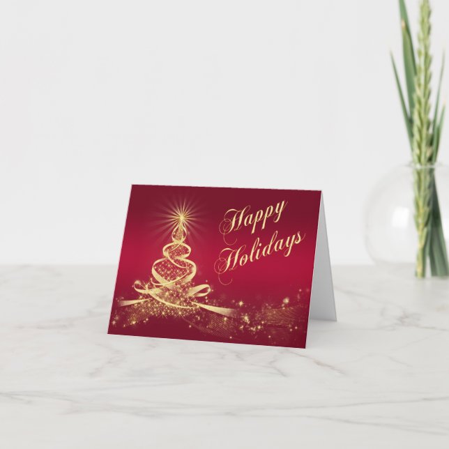 Red, Gold Lighted Tree Corporate Holiday Card (Front)
