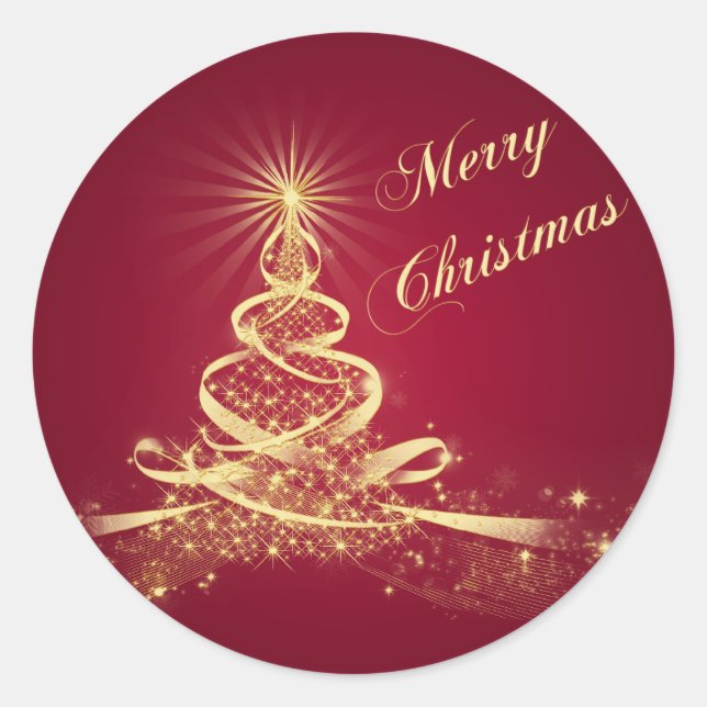 Red, Gold  Lighted Tree Merry Christmas Sticker (Front)