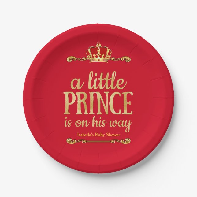 Red Gold Little Prince On His Way Baby Shower Paper Plate (Front)