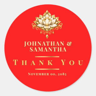 Red Gold Lotus Flower Indian Thank You adhesive Classic Round Sticker