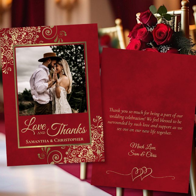 Red & Gold Love & Thanks Photo & Note Wedding Thank You Card (Front/Back)