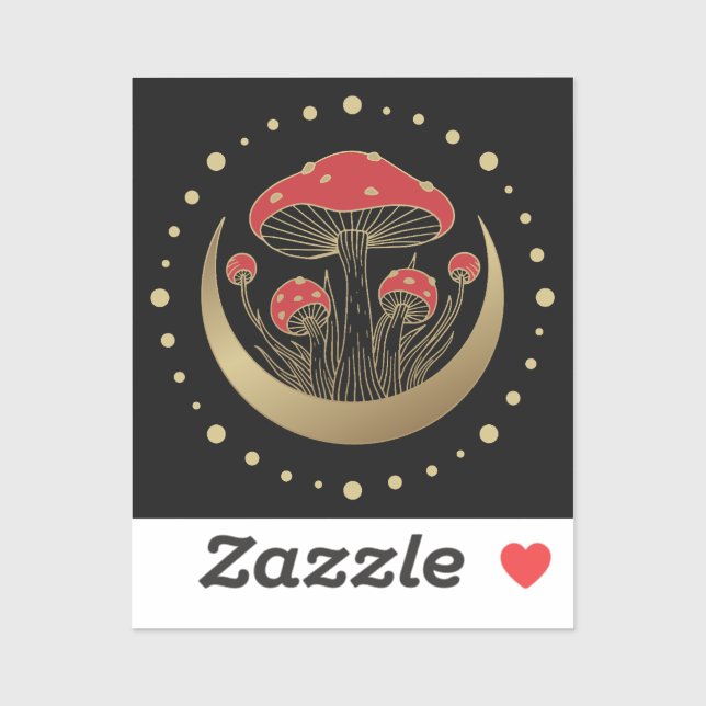 Red & Gold Magic Mushrooms Crescent Moon On Black (Sheet)