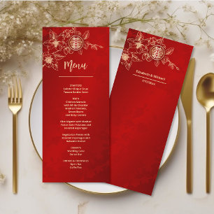 Red Gold Magnolia Chinese Wedding Menu Card