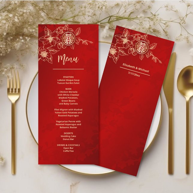 Red Gold Magnolia Chinese Wedding Menu Card (Creator Uploaded)