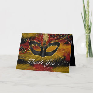 Red & Gold Mask Masquerade Thank You Card
