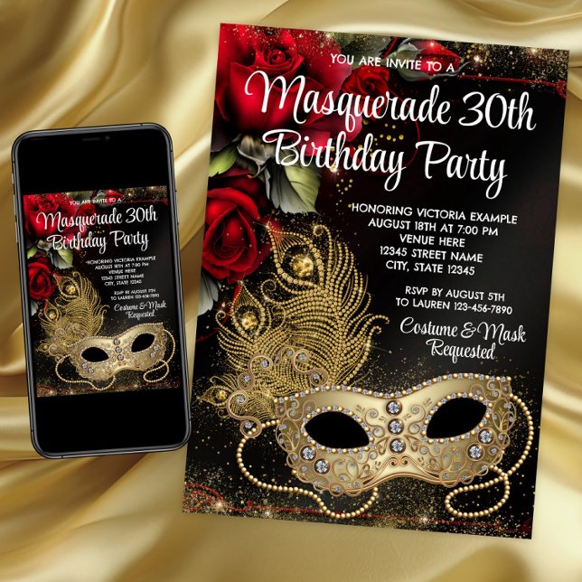 Red Gold Masquerade Party Invitation (Red Gold Masquerade Party Invitation. Masquerade any number invitation and event. Digital and print.)