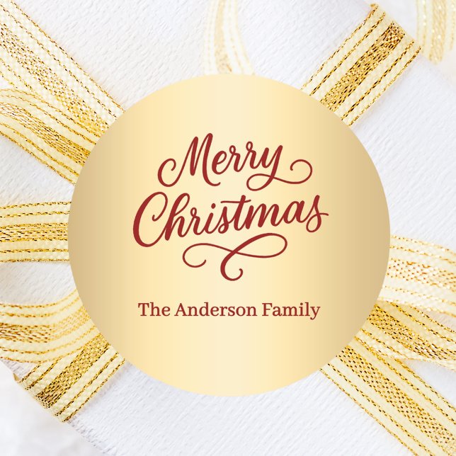 Red gold Merry Christmas Classic Round Sticker (Creator Uploaded)