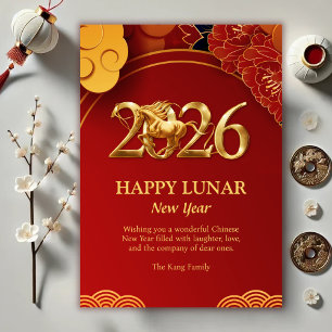 Red Gold Modern 2026 Horse Chinese Lunar New Year Holiday Card