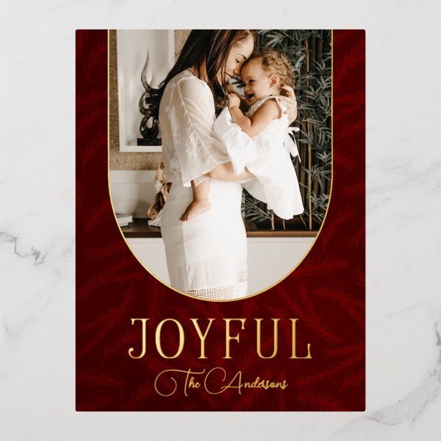 Red Gold Modern Botanical Arch Joyful Photo   Foil Holiday Postcard (Front)