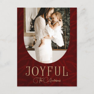 Red Gold Modern Botanical Arch Joyful Photo Holiday Postcard