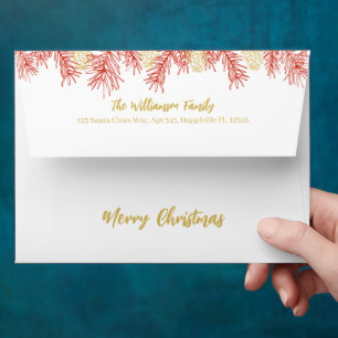 Red Gold Modern Botanical Elegant Christmas Card Envelope