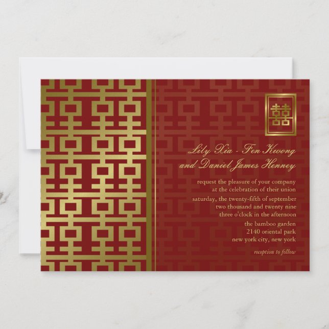 Red & Gold Modern Double Happiness Chinese Wedding Invitation (Front)