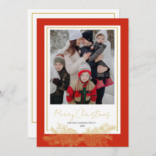 Red Gold Modern Elegant Family Photo Christmas Holiday Card
