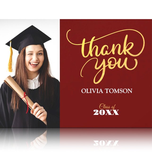 Red & Gold Modern Graduation Thank You Photo Card (Creator Uploaded)