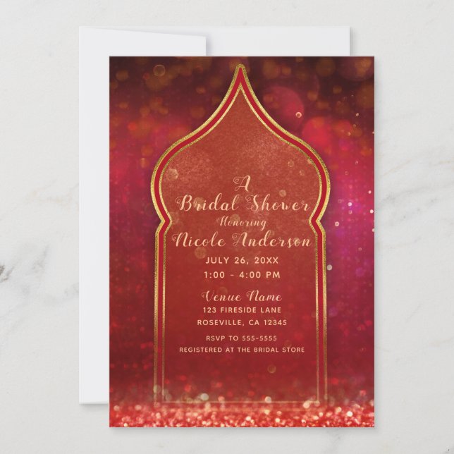 Red & Gold Moroccan Arabian Nights Bridal Shower Invitation (Front)