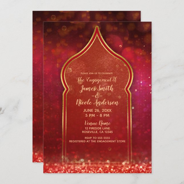 Red & Gold Moroccan Arabian Nights Engagement Invitation (Front/Back)