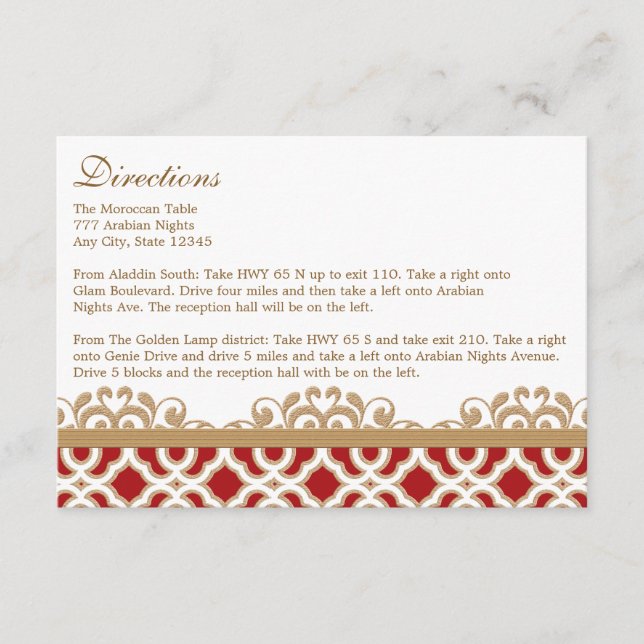 Red Gold Moroccan Directions Accommodation Card (Front)
