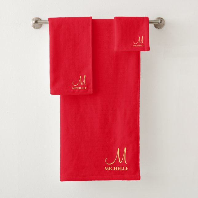 Red & Gold Name Handwritten Monogram Template Bath Towel Set (Insitu)