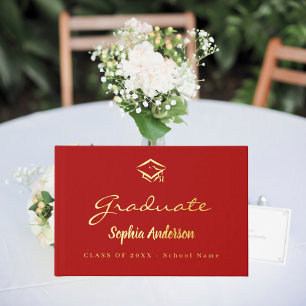 Red gold name script cap Graduation Guest Book