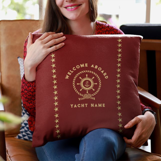 Red Gold Nautical Boat Wheel Knot Stars Cushion (Creator Uploaded)