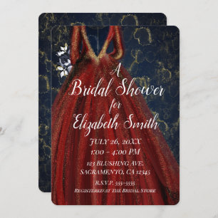 Red Gold & Navy Blue Glam Dress Bridal Shower Invitation