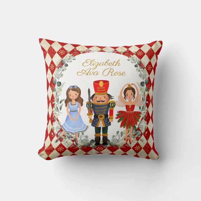 Red Gold Nutcracker Holiday Leafy Wreath Nursery Cushion (Front)