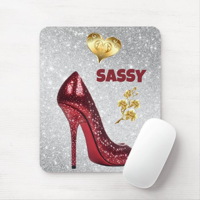 Red & Gold on silver High Heel Shoe | Mouse Pad (With Mouse)