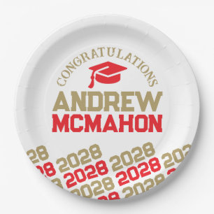 Red & Gold on White Half Repeat Grad Personalised Paper Plate