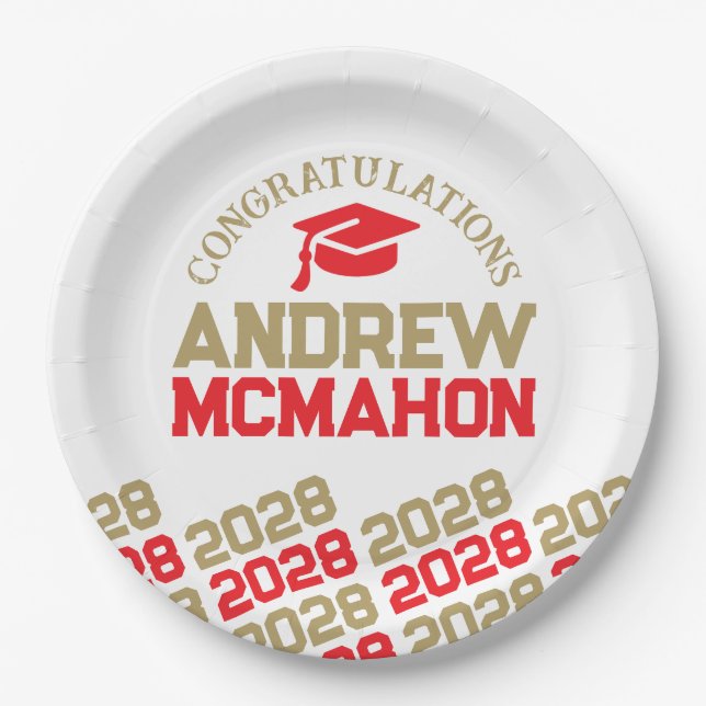 Red & Gold on White Half Repeat Grad Personalised Paper Plate (Front)