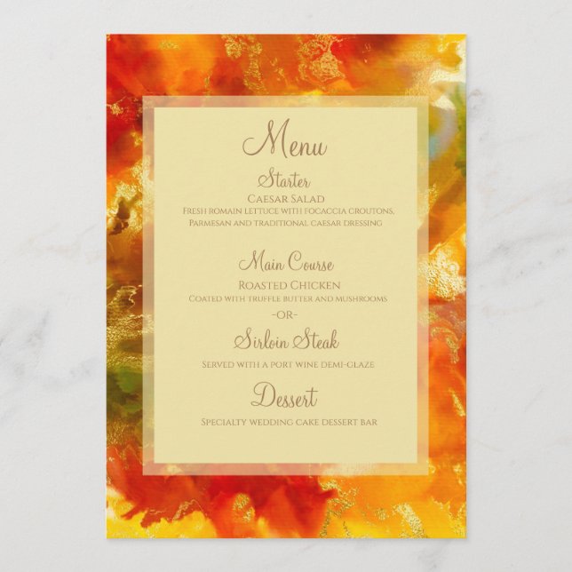 Red, gold, orange, green marble ink print menu (Front)