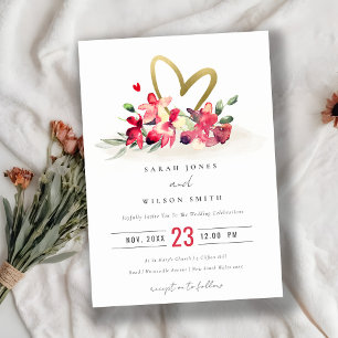 Red Gold Orchid Heart Floral Watercolor Wedding Invitation