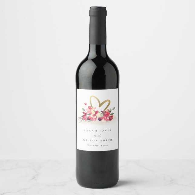 Red Gold Orchid Heart Floral Watercolor Wedding Wine Label (Front)