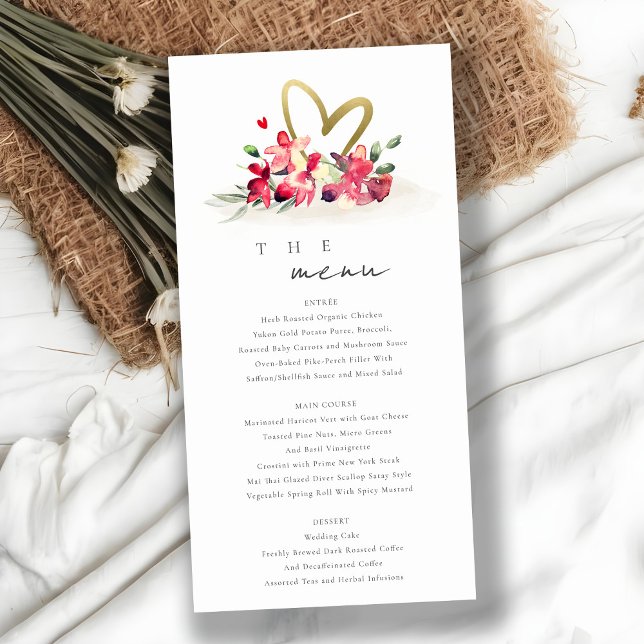 Red Gold Orchid Heart Floral Wedding Menu Card (Creator Uploaded)