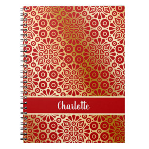 Red gold oriental pattern script monogram notebook