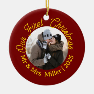 Red & Gold Our First Christmas 2025 Photo Keepsake Ceramic Tree Decoration