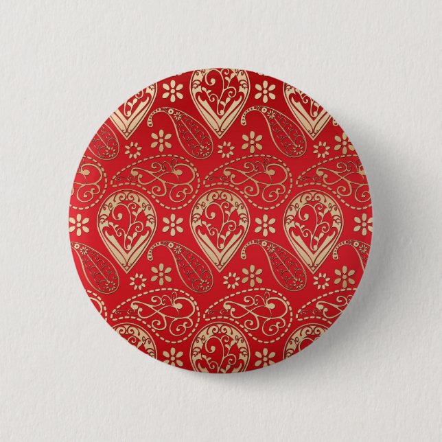 Red Gold Paisley Bandana Pattern 6 Cm Round Badge (Front)
