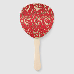 Red Gold Paisley Bandanna Pattern Hand Fan