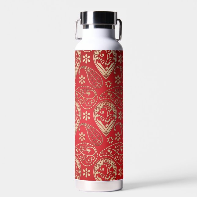 Red Gold Paisley Bandanna Pattern Water Bottle (Front)