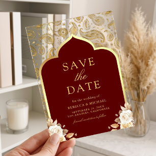 Red Gold Paisley Indian Wedding Save the Date Acrylic Invitations