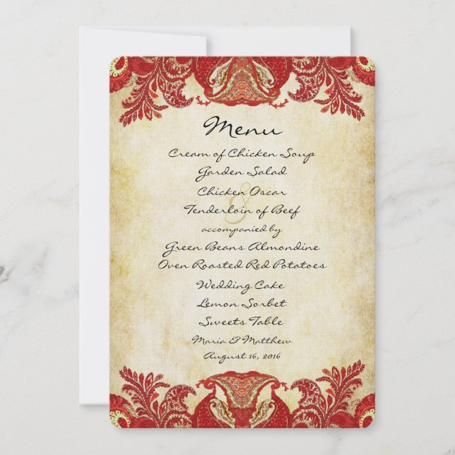 Red Gold Paisley Peacock Colours Wedding  Invitation (Front)
