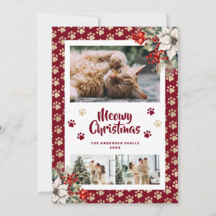 Red Gold Paws Botanical Photo Meowy Christmas Card
