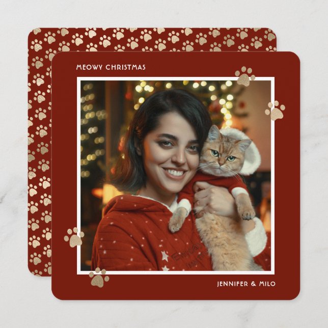 Red Gold Paws Cat Owner Photo Meowy Christmas Holiday Card (Front/Back)